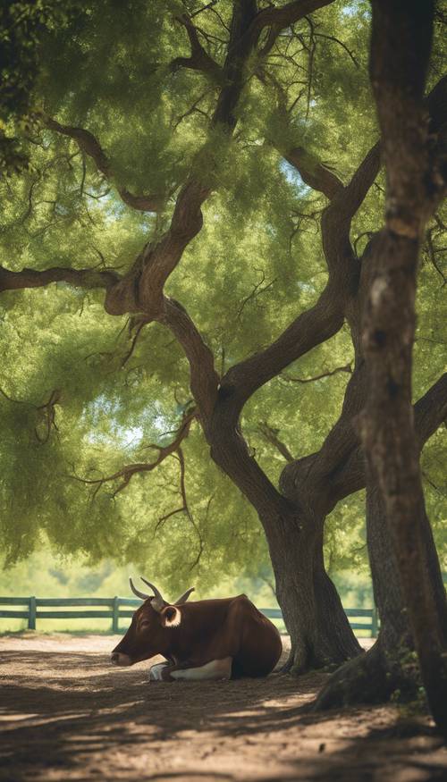 A serene pastoral scene of a forest green cow relaxing under a shady tree.
