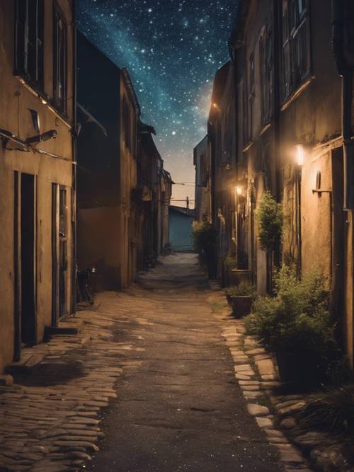 시골 마을의 골목길에서 보이는 별이 총총한 밤하늘의 멋진 풍경.