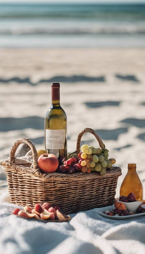 Immagina un picnic su una spiaggia bianca, completo di coperta a quadretti, cesto di frutta e una bottiglia di vino.