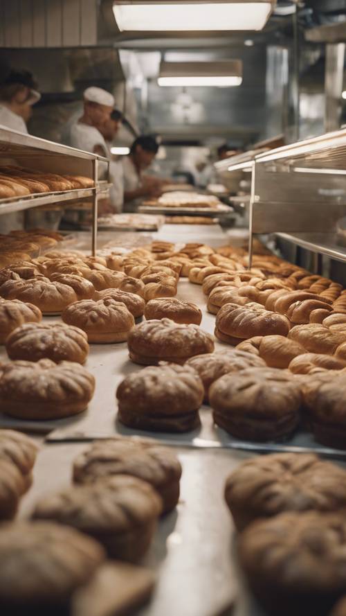 Perspective from inside a busy metropolitan bakery at peak hours.