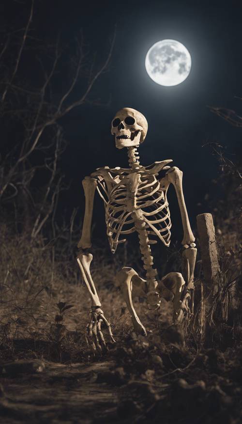 Ein einsames Skelett steht im eindringlichen Schein des Vollmonds auf einem verlassenen Friedhof. Hintergrund [9d53023476cb47e887d4]