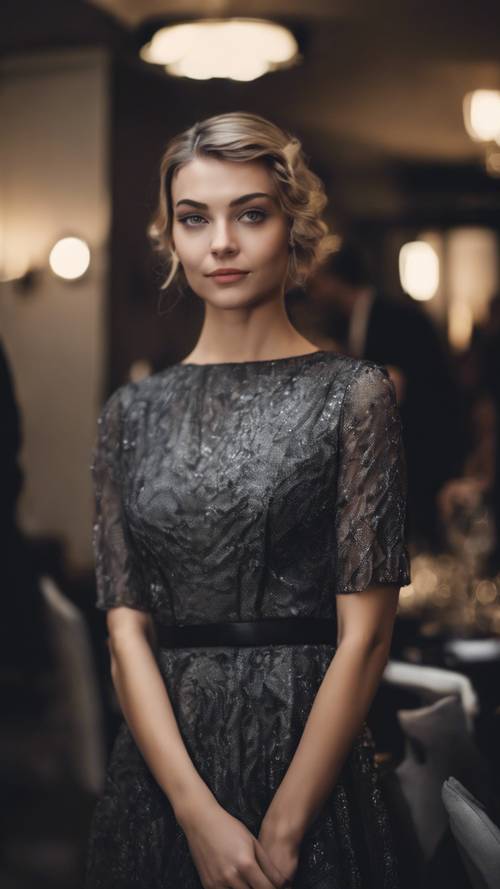 鸡尾酒会上，一位时尚的年轻女子穿着优雅的黑灰色连衣裙。