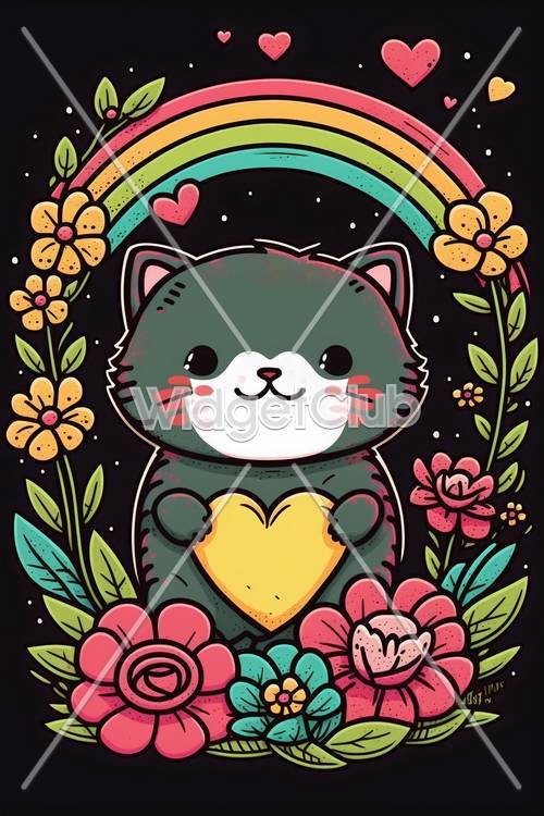 Gato fofo com fundo de arco-íris e flores