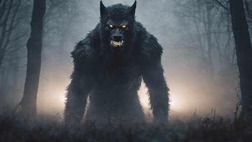 Ein Werwolf mit leuchtenden Augen und gezackten Krallen, kaum sichtbar im Schutz des dichten Nebels und des Mondlichts.