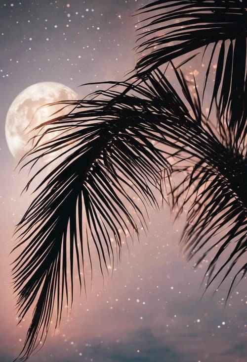 A black palm leaf silhouetted by the iridescent glow of a full moon.
