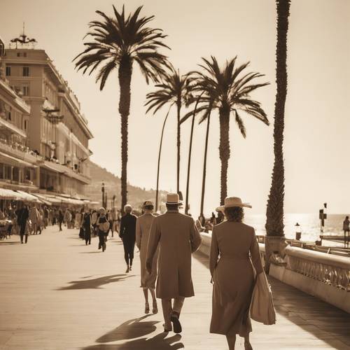 Vintage zdjęcie w odcieniu sepii przedstawiające ludzi spacerujących po Promenadzie Anglików w Nicei