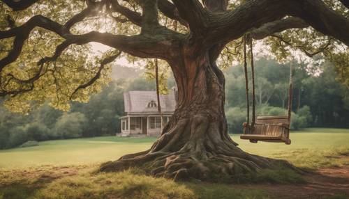 A towering, ancient oak tree standing tall amidst a picturesque, cottagecore setting with a wooden swing hanging from its sturdy branch. Tapeet [201f03bb30804de887eb]