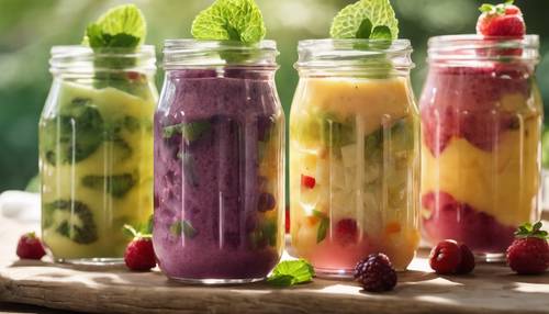 Smoothies de frutas coloridas de três camadas em potes de vidro transparente, decorados com hortelã fresca e fatias de frutas, tomando sol da manhã.