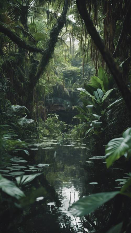 A mysterious black lagoon in the middle of an ancient, overgrown jungle with a variety of exotic foliage.