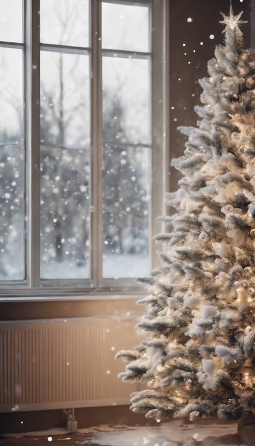 Uma atmosfera de uma manhã branca de Natal com neve caindo suavemente do lado de fora de uma sala de estar aconchegante e uma árvore brilhando no canto.