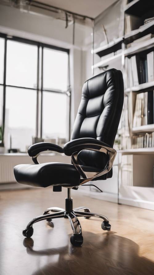 Một chiếc ghế văn phòng bọc da màu đen trong căn phòng tràn ngập ánh sáng.