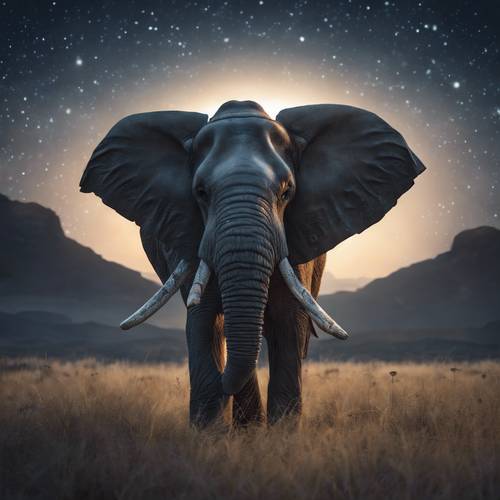 Sebuah gambar nyata yang tampak hampir asing dari seekor gajah bergading 6, bercahaya di bawah sinar bulan.