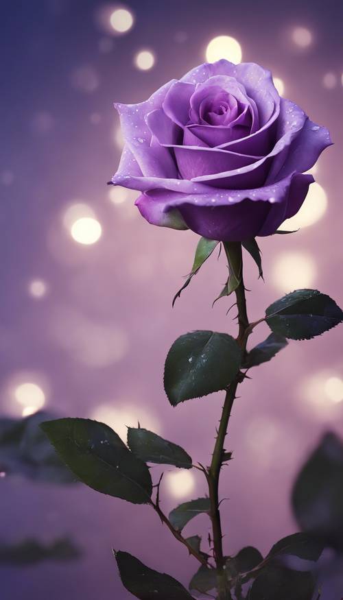 Une rose violette sous le pâle clair de lune, projetant une douce lueur.