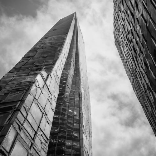 Gambar hitam putih gedung pencakar langit modern dengan tekstur abu-abu seperti kaca.