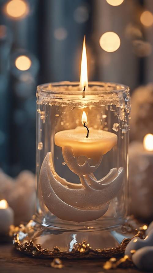 一支点燃得美丽的蜡烛，蜡形成了太阳和月亮的形状，并慢慢融化成一体。