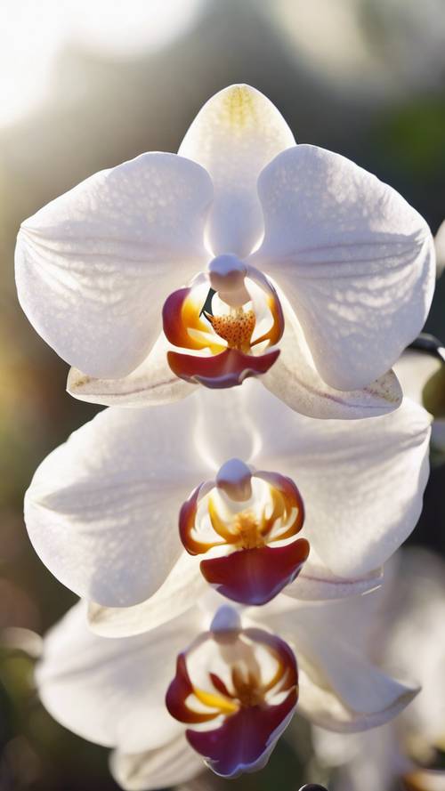 Single dazzling white orchid in full bloom on a sunny day.