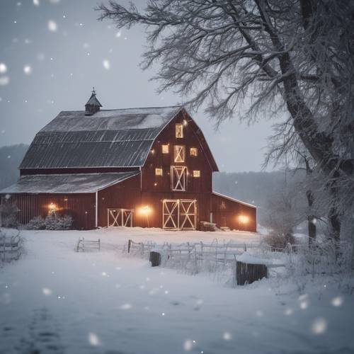 A country Christmas scene of a barn and farmhouse lit with warm, welcoming lights, the snow softly falling and covering the quiet landscape.