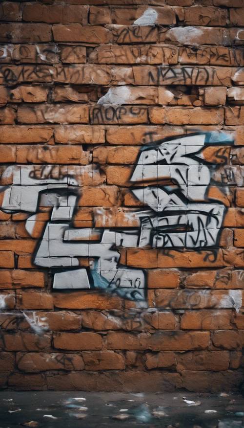 Uma vista de perto de uma parede de tijolos marrons com arte de graffiti.