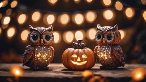 Um par de corujas kawaii sentadas em uma abóbora sob luzes cintilantes na noite de Halloween