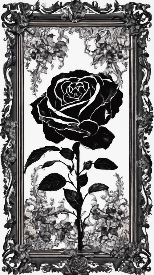 An aristocratic black garden rose silhouette in a flamboyant baroque frame.