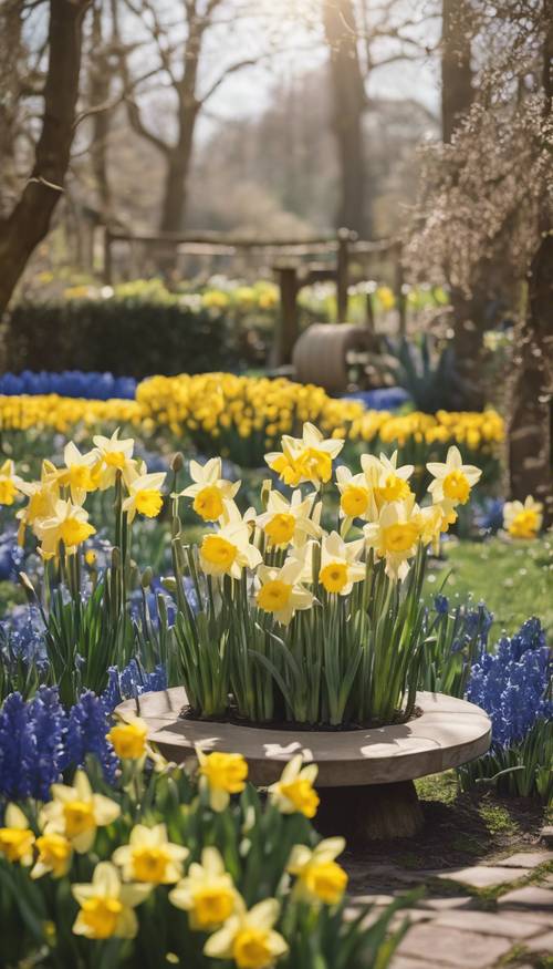 Um tranquilo jardim de primavera com um recanto de leitura aninhado entre canteiros de narcisos e jacintos brilhantes.