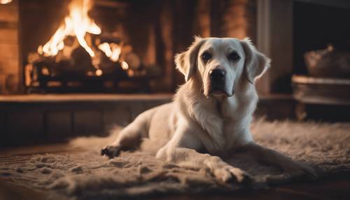 A friendly ghost dog, wagging its ephemeral tail next to a fireplace in a cozy old living room. Тапет [8740be811f864213b08a]