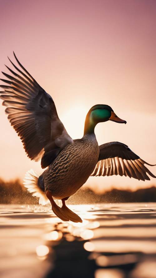 Seekor bebek petualang sedang mengepakkan sayapnya dengan riang, bersiap terbang dengan latar belakang matahari terbenam berwarna pastel.