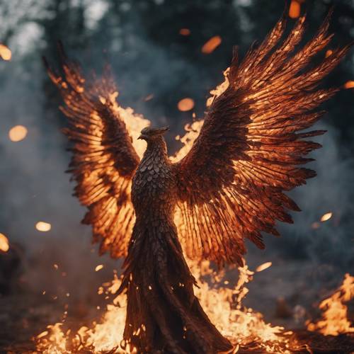 Uma fênix subindo, com as asas estendidas, das brasas brilhantes de uma fogueira sagrada durante um antigo ritual.