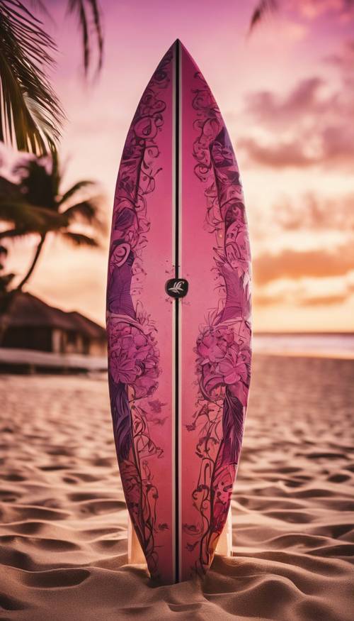 A surfboard adorned with tropical designs, standing upright on a sandy beach as the summer sun sets and paints the sky shades of pinks and purples.