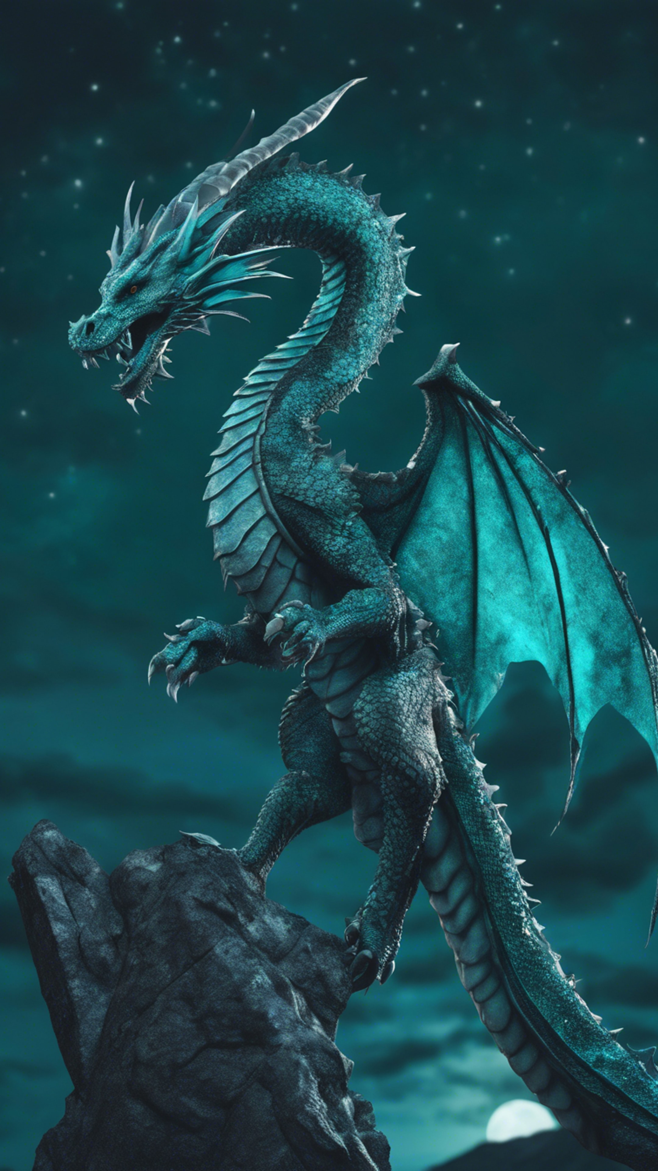 A serpentine Gothic dragon perched on a tall mountain, its teal scales shimmering under the moonlight. Sfondo[91ef634c137e4b1f8ab5]