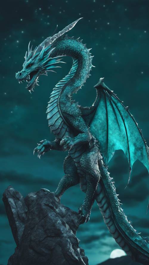 A serpentine Gothic dragon perched on a tall mountain, its teal scales shimmering under the moonlight.
