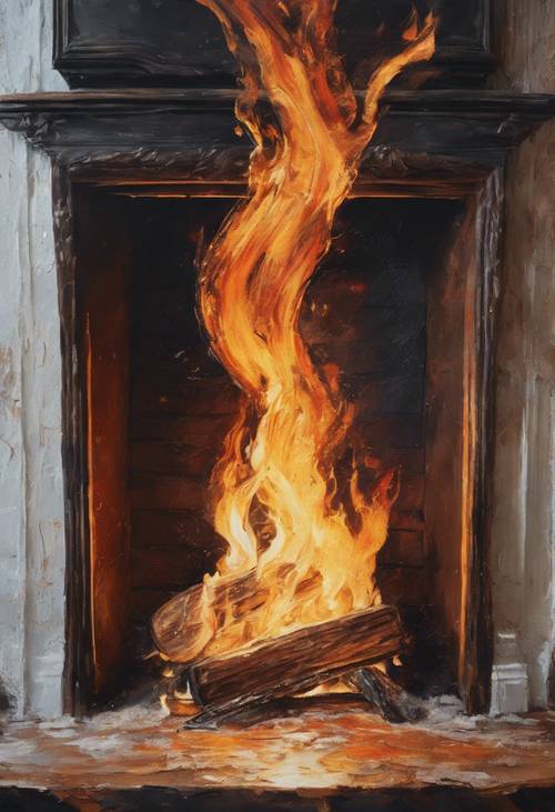 Pinceladas ásperas criando chamas em uma pintura a óleo texturizada de uma lareira.