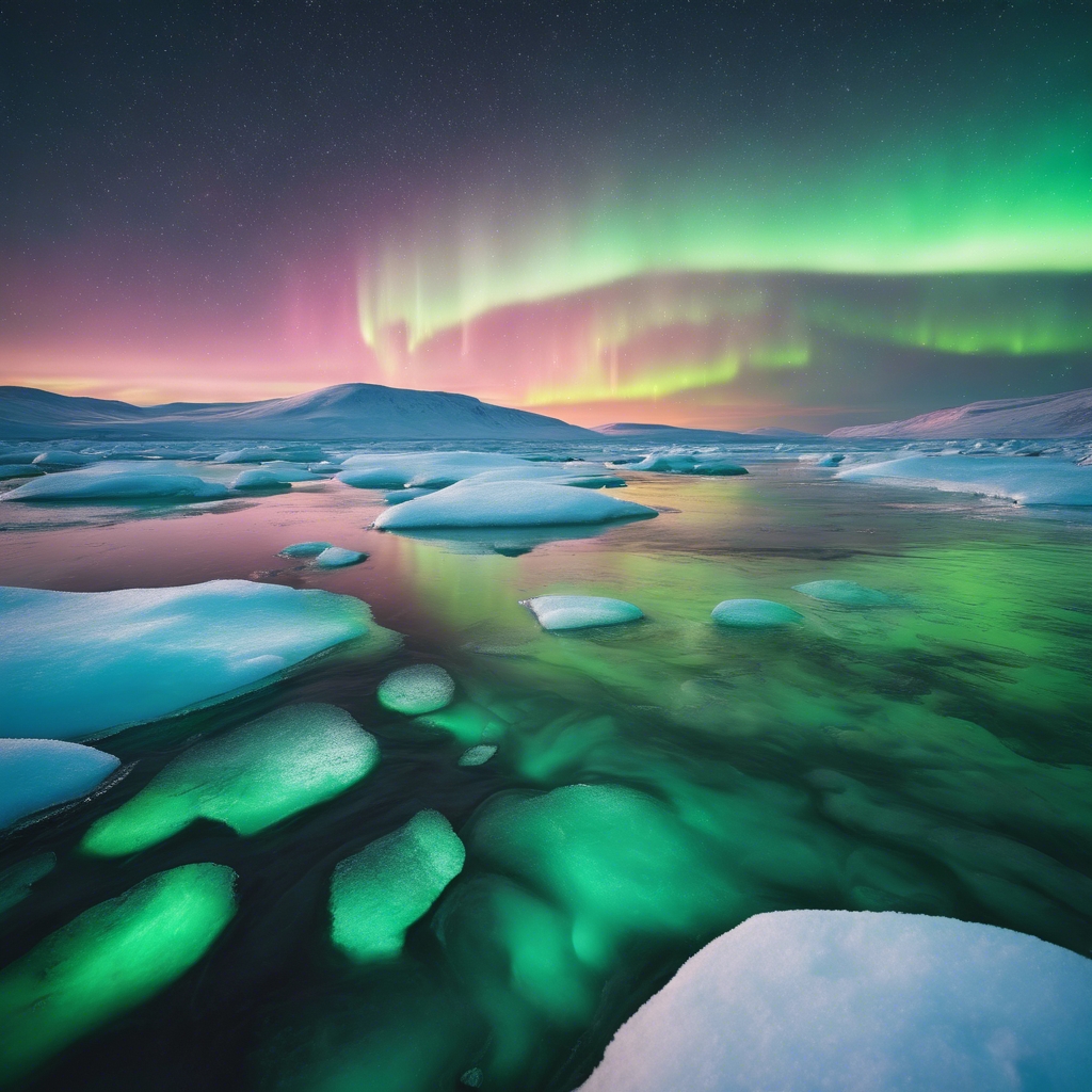 The Northern Lights dancing across the Arctic sky, casting ethereal greens and blues over an icy landscape. duvar kağıdı[d297479323e44ce49599]