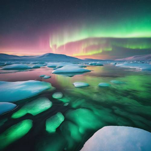 Cahaya Utara menari melintasi langit Arktik, memancarkan warna hijau dan biru halus di atas lanskap es.