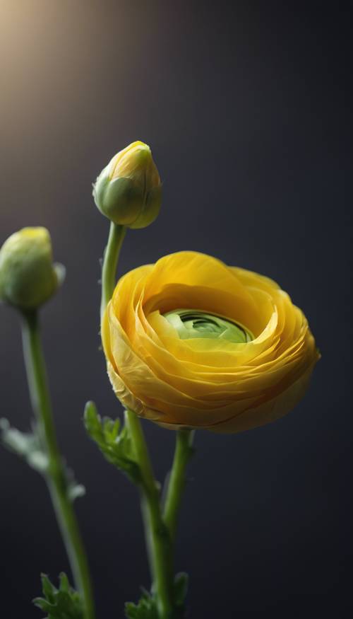A close-up view of a ranunculus bud, vibrant yellow in color, against a dark background. Tapet [acd79b2acff9443da3ca]