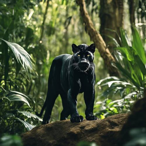 A black panther in a lush green jungle, silently stalking its prey.