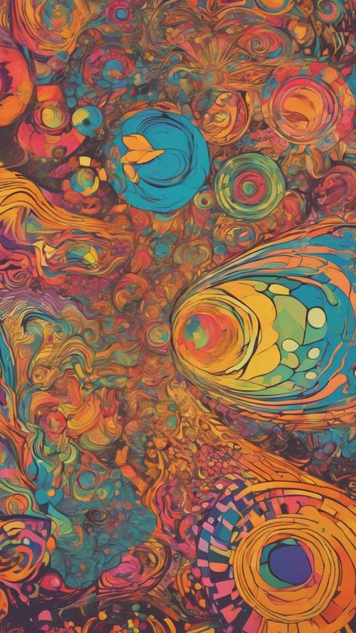 Poster psikedelik vintage tahun 70-an dengan warna cerah berputar-putar dan pola abstrak.