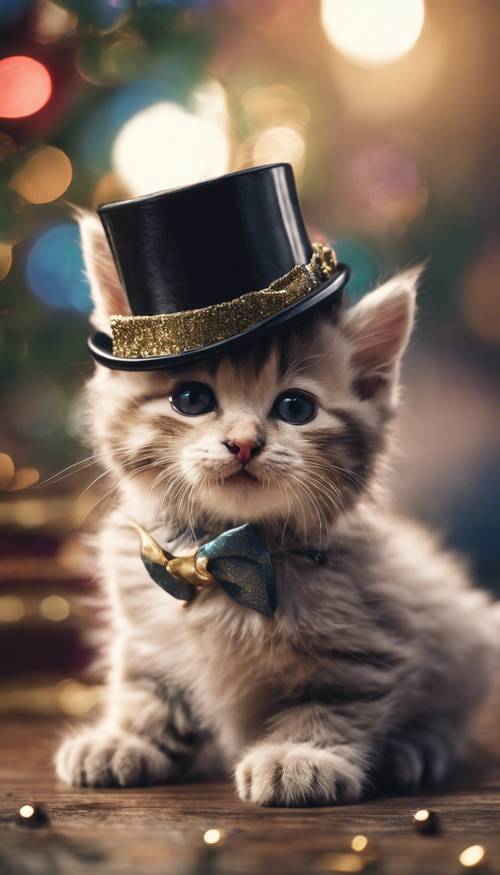 A playful kitten with an overturned New Year's top hat on its head.