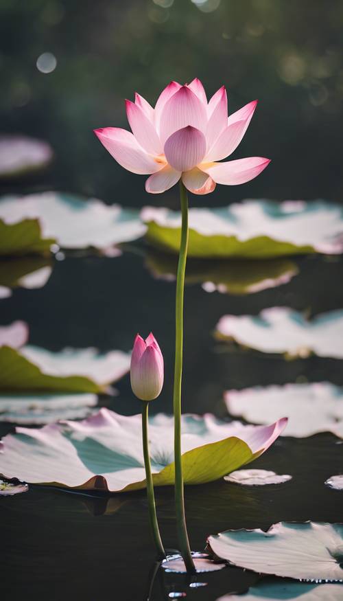 Eine zartrosa Lotusblume, die friedlich in einem ruhigen Teich schwimmt. Hintergrund [ff51617ac90140c287e4]