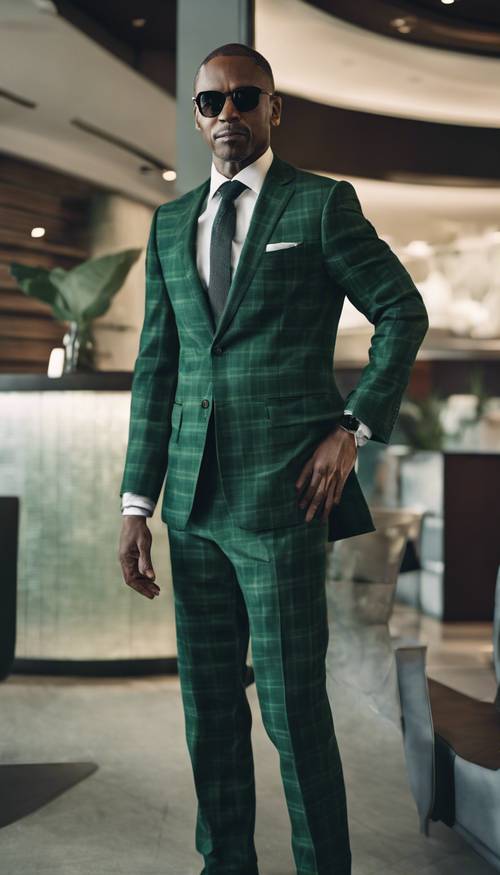 회사 환경에서 선명한 짙은 녹색 격자 무늬 양복을 입은 남자.