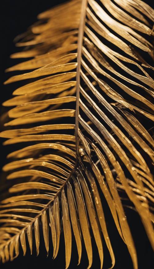 A realistic detailed image of a golden palm leaf set against a black background for a dramatic effect.