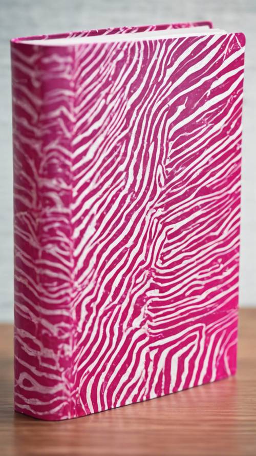 Un llamativo patrón de cebra en rosa intenso y blanco que adorna la cubierta brillante de un libro de tapa dura.