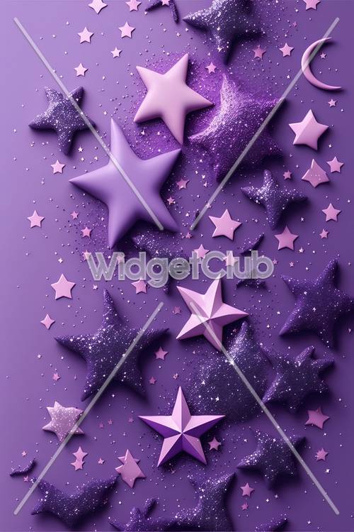 Estrellas brillantes y purpurina sobre un lienzo morado