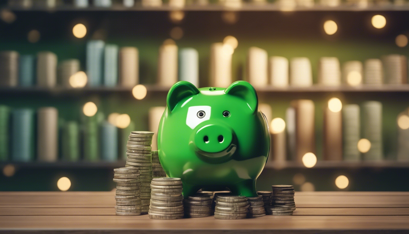 An illustration of a green money piggy bank, sitting on a wooden shelf. Fond d'écran[39f94496e95b4bde8ba7]