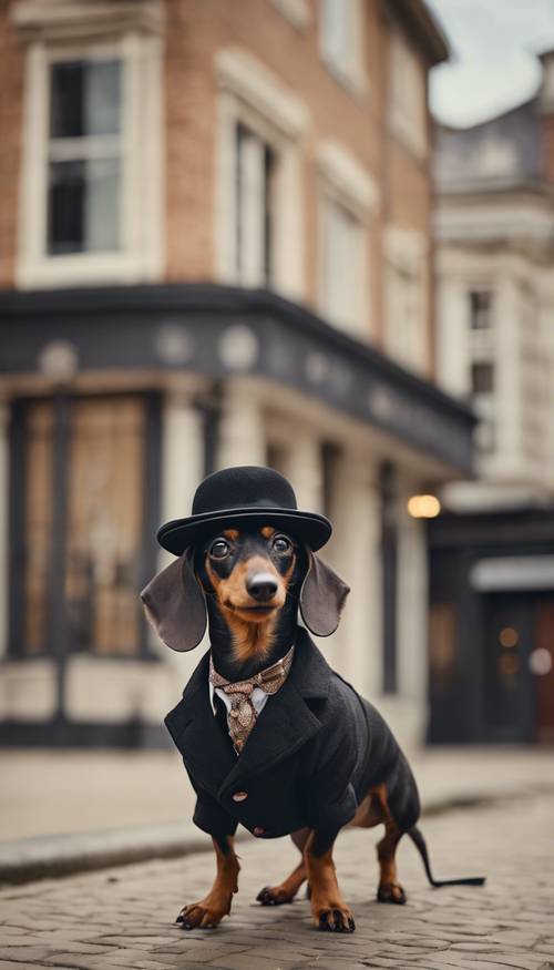 Một chú chó dachshund già mặc quần áo bảnh bao và đội chiếc mũ kiểu cũ từ những năm 1920 đang đứng trong một thị trấn cổ điển.