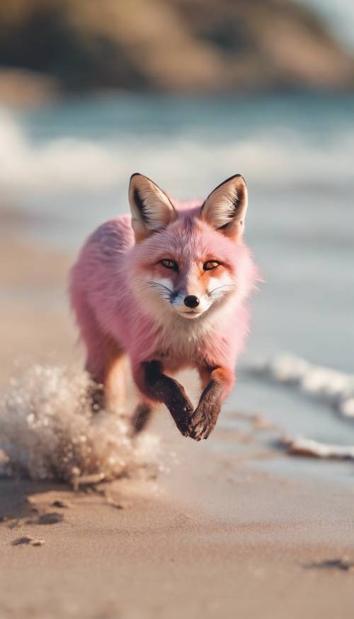 Una giocosa volpe rosa che si diverte in una soleggiata giornata estiva su una spiaggia sabbiosa.