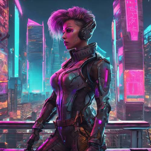 매끈한 미래형 갑옷을 입은 멋진 여성 게임 캐릭터가 네온 도시를 내려다보는 초고층 건물 가장자리에 서 있는 위풍당당한 장면입니다.