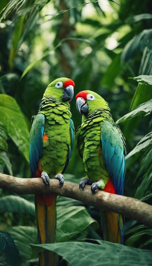 Dois papagaios com plumagem azul-marinho e verde descansando em uma densa selva verde.