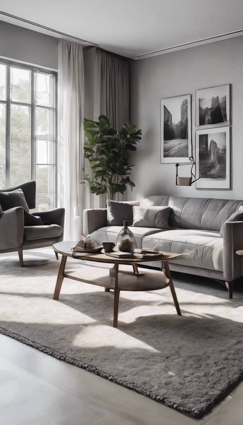 Uma sala moderna e neutra com sofás cinza, paredes brancas, janelas grandes e um toque minimalista.