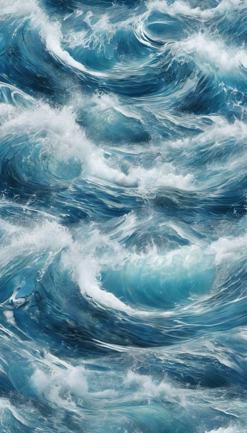 A swirling collage of cool blue and bright white in an abstract representation of ocean waves.